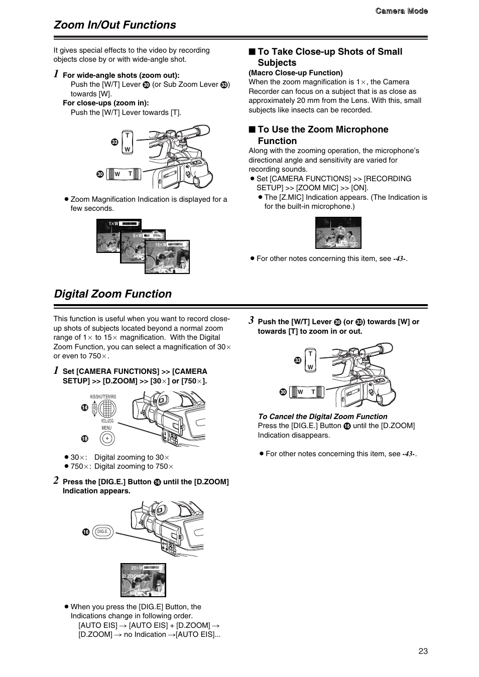 Zoom in/out functions, Digital zoom function, Zoom in/out functions 1 | Digital zoom function 1 | Panasonic AG-DVC7 User Manual | Page 9 / 24