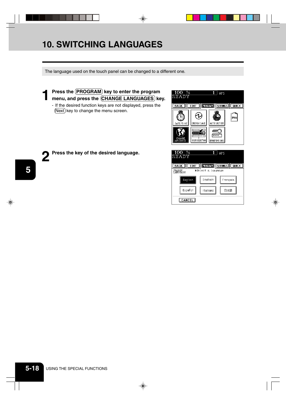 Switching languages | Panasonic DP-6530 User Manual | Page 106 / 172