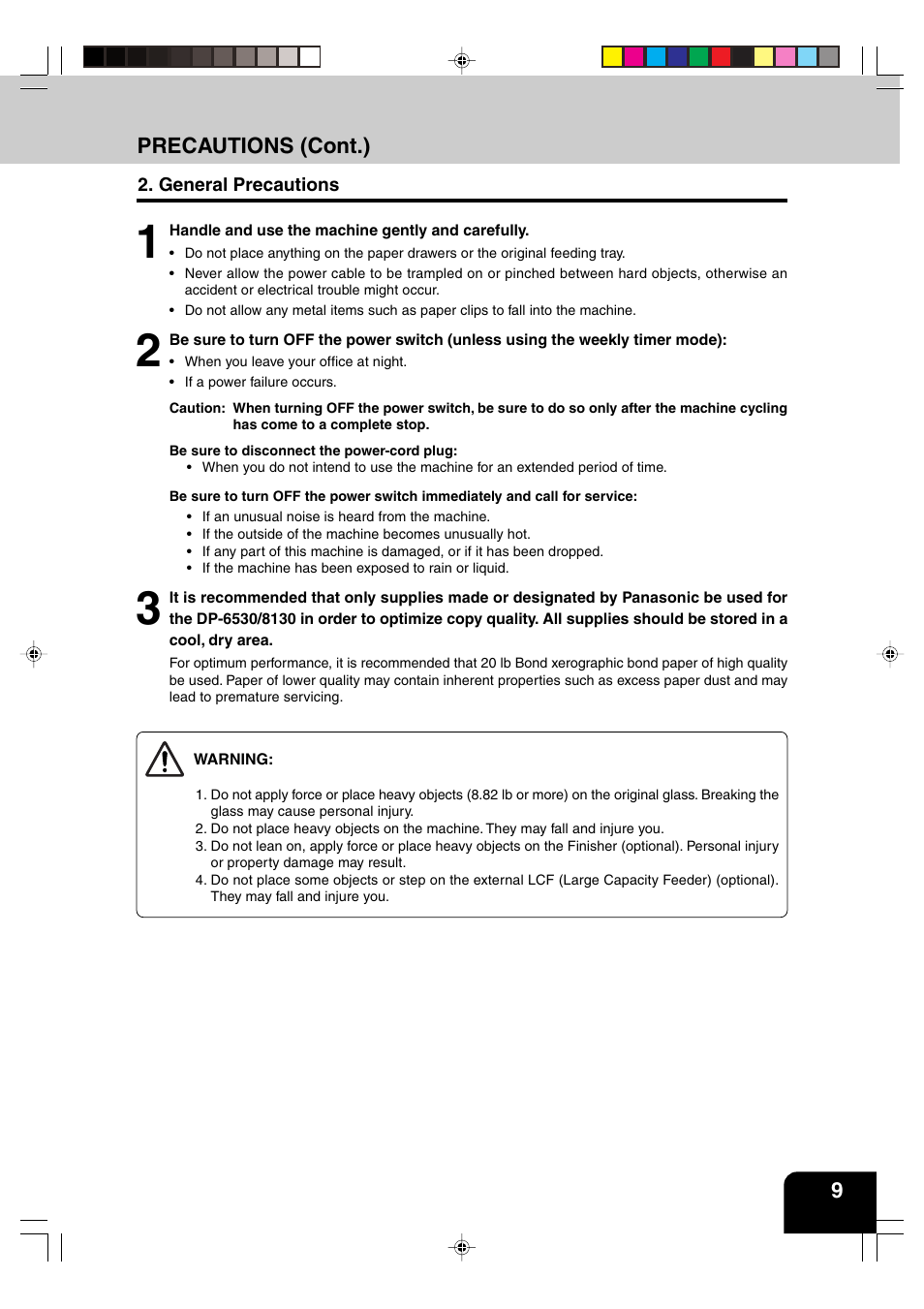 General precautions | Panasonic DP-6530 User Manual | Page 11 / 172