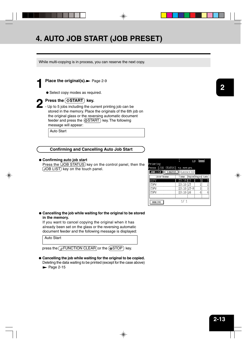 Auto job start (job preset) | Panasonic DP-6530 User Manual | Page 37 / 172