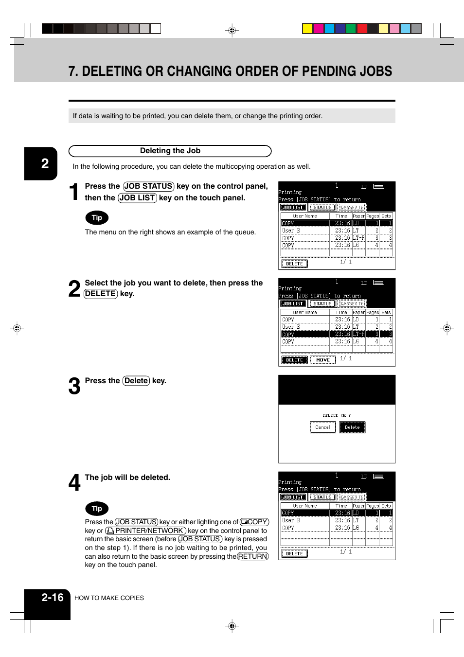 Deleting or changing order of pending jobs | Panasonic DP-6530 User Manual | Page 40 / 172