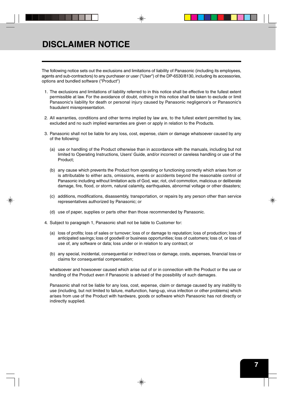 Disclaimer notice | Panasonic DP-6530 User Manual | Page 9 / 172