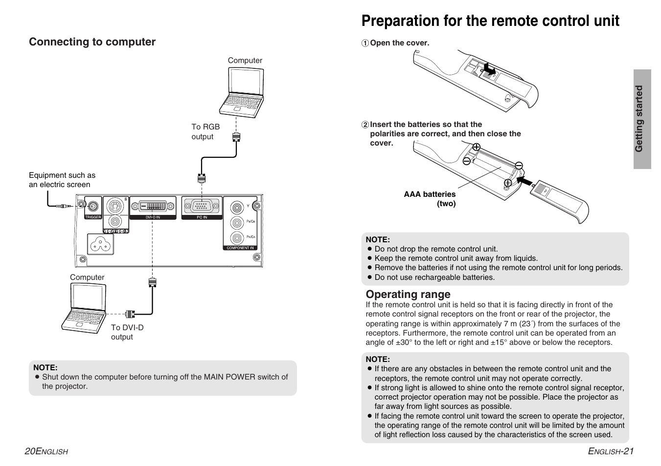 Preparation for the remote control unit | Panasonic PT-AE500U User Manual | Page 11 / 30