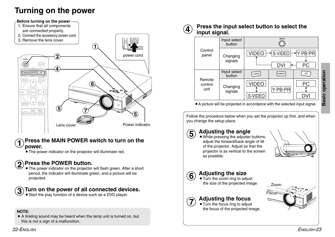 Turning on the power | Panasonic PT-AE500U User Manual | Page 12 / 30