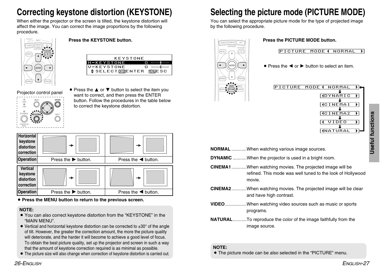 Correcting keystone distortion (keystone), Selecting the picture mode (picture mode) | Panasonic PT-AE500U User Manual | Page 14 / 30