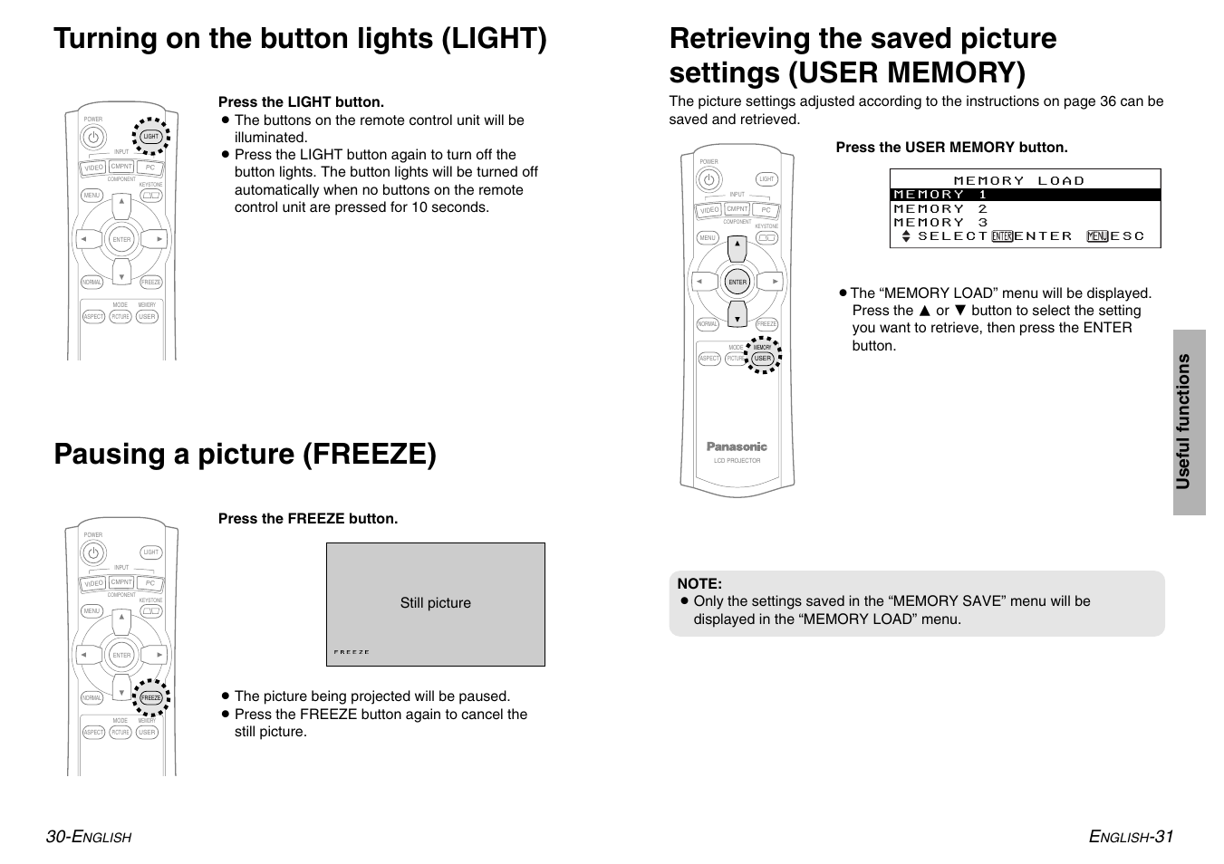 Pausing a picture (freeze), 31 useful functions 30-e | Panasonic PT-AE500U User Manual | Page 16 / 30
