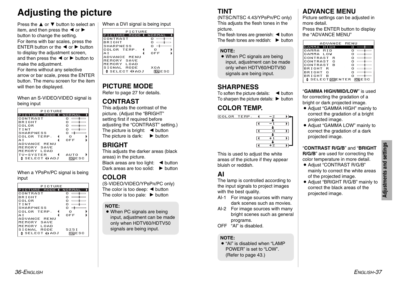 Adjusting the picture, Picture mode, Contrast | Bright, Color, Tint, Sharpness, Color temp, Advance menu | Panasonic PT-AE500U User Manual | Page 19 / 30