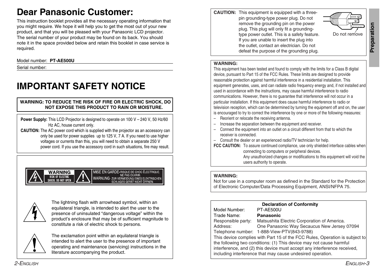 Important safety notice, Dear panasonic customer | Panasonic PT-AE500U User Manual | Page 2 / 30
