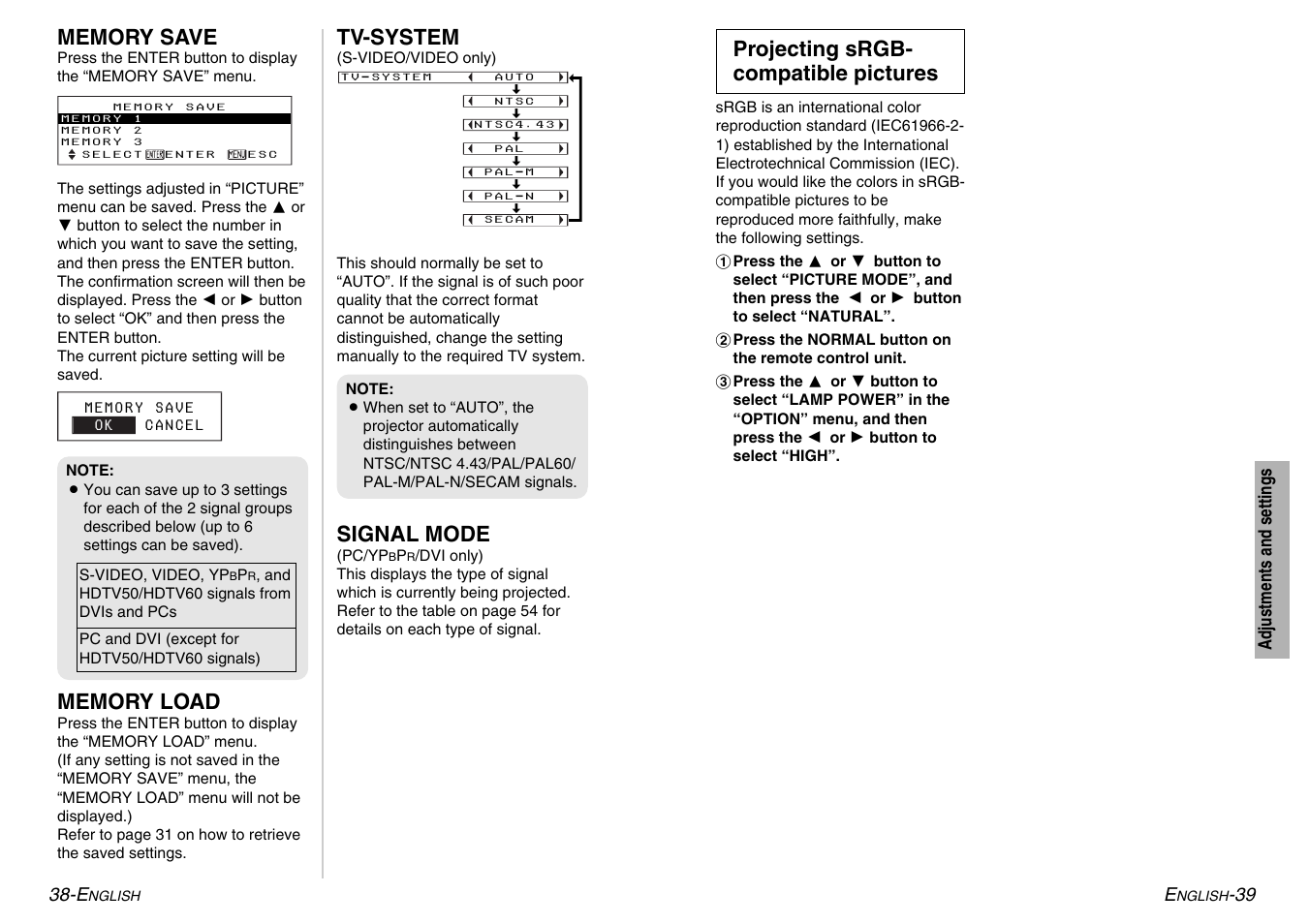 Tv-system, Signal mode, Projecting srgb- compatible pictures | Panasonic PT-AE500U User Manual | Page 20 / 30