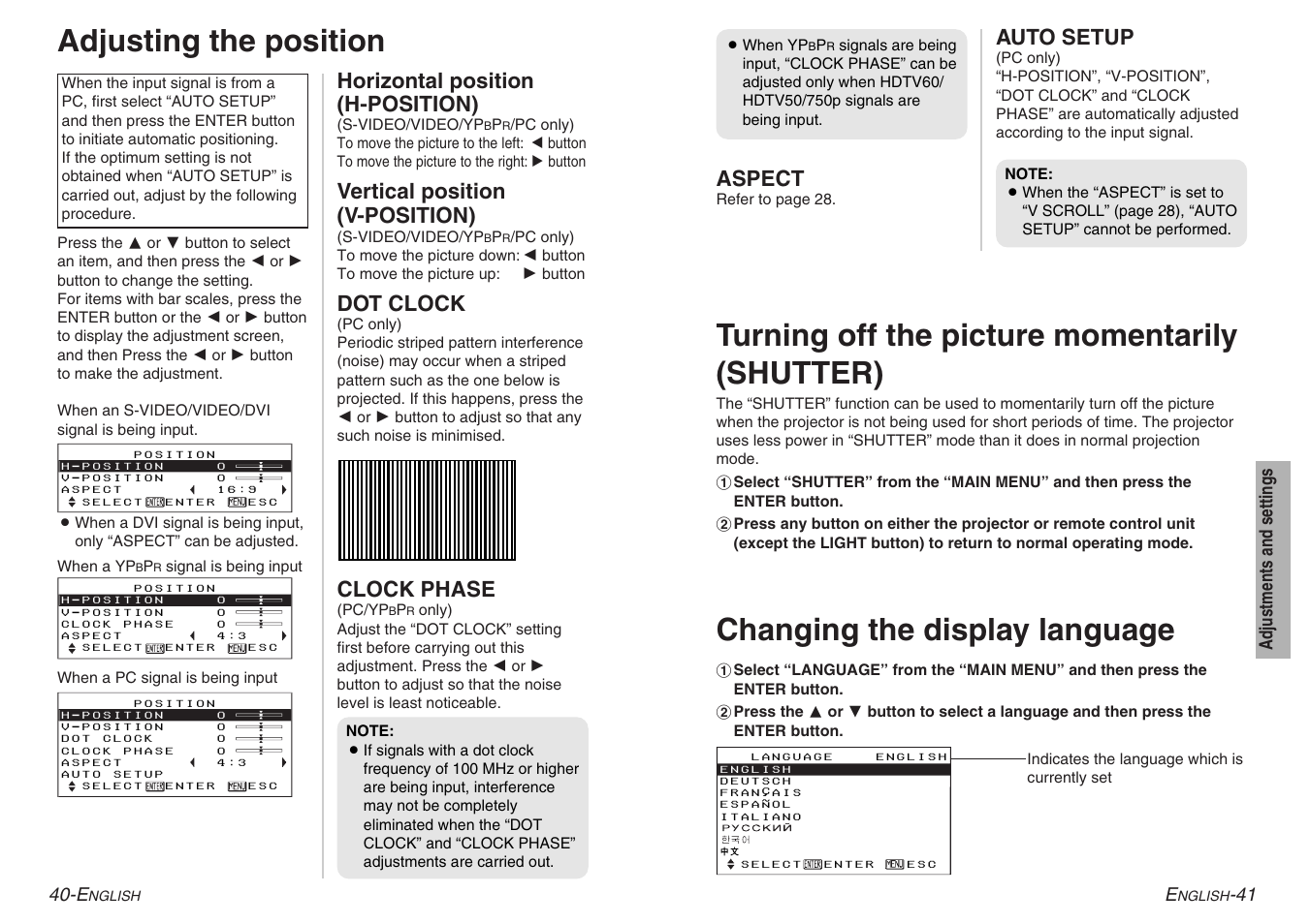 Adjusting the position, Changing the display language, Turning off the picture momentarily (shutter) | Horizontal position (h-position), Vertical position (v-position), Dot clock, Clock phase, Aspect, Auto setup | Panasonic PT-AE500U User Manual | Page 21 / 30