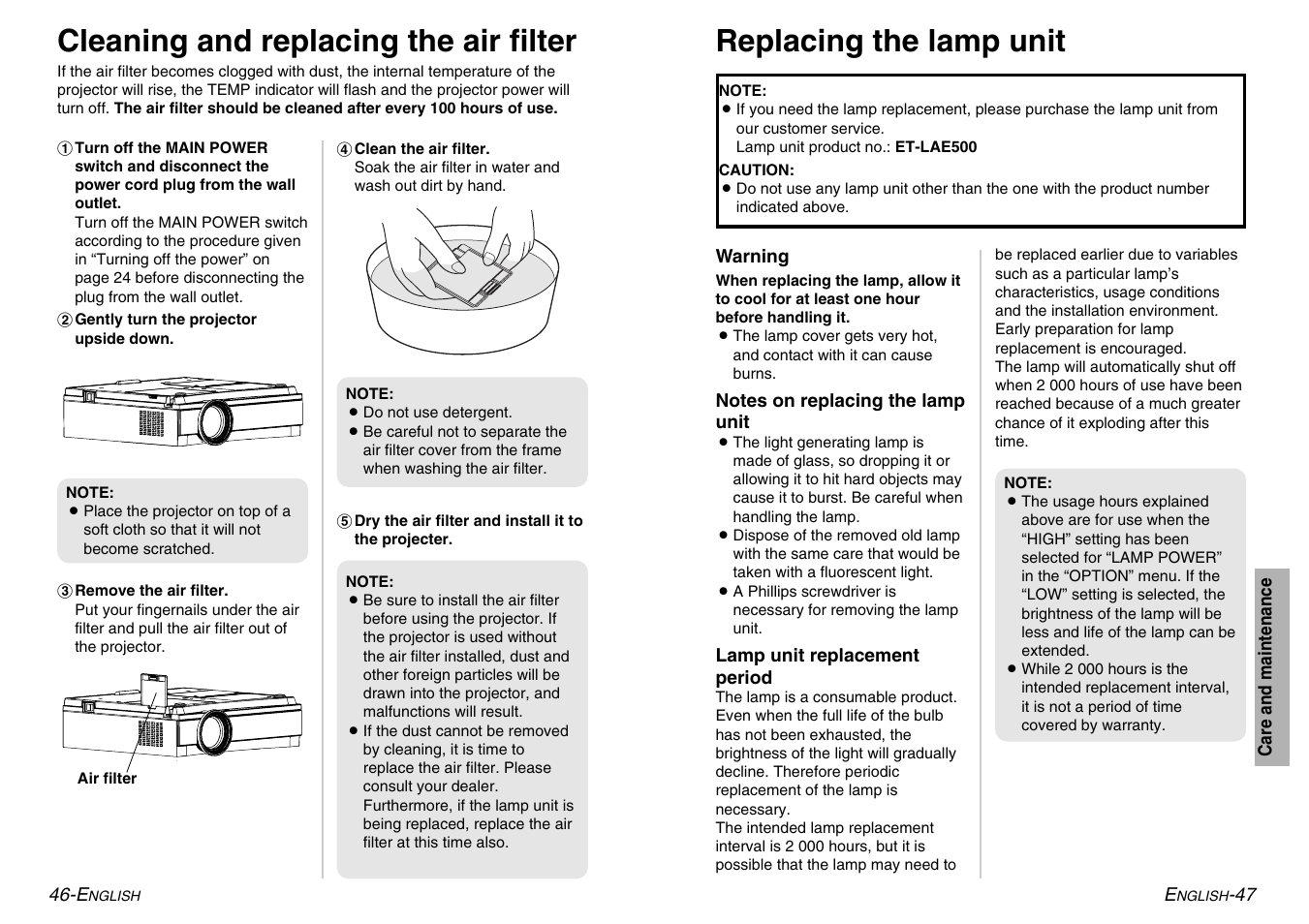 Cleaning and replacing the air filter, Replacing the lamp unit | Panasonic PT-AE500U User Manual | Page 24 / 30