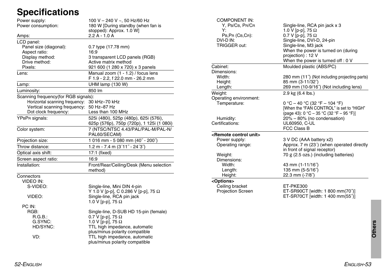 Specifications | Panasonic PT-AE500U User Manual | Page 27 / 30