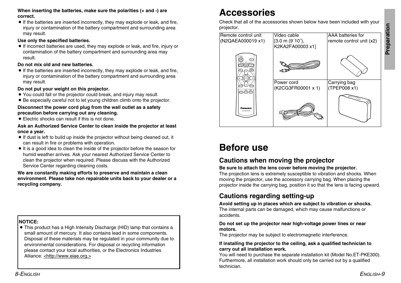 Accessories, Before use, Cautions when moving the projector | Cautions regarding setting-up, 9 preparation 8-e | Panasonic PT-AE500U User Manual | Page 5 / 30