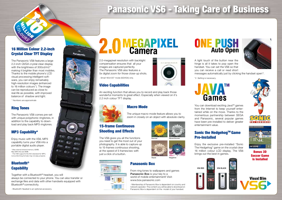 Panasonic vs6 - taking care of business, Ring tones, Mp3 capability | Bluetooth, Capability, Video capabilities, Macro mode, Frame continuous shooting and effects, Panasonic box, Sonic the hedgehog | Panasonic EB-VS6 User Manual | Page 2 / 2