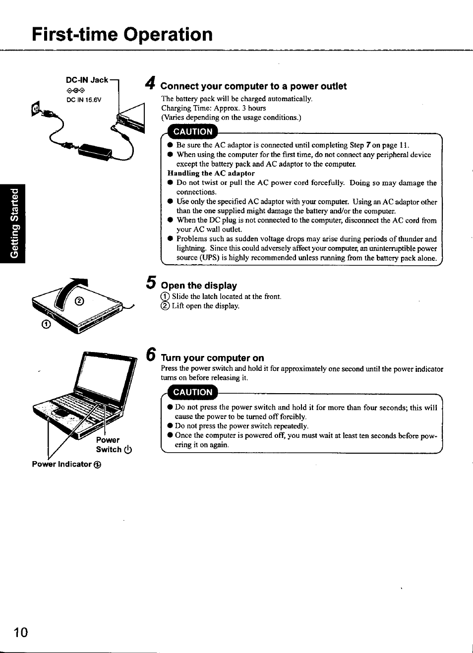 First-time operation, Connect your computer to a power outlet, Open the display | Turn your computer on | Panasonic CF-48 Series User Manual | Page 10 / 40