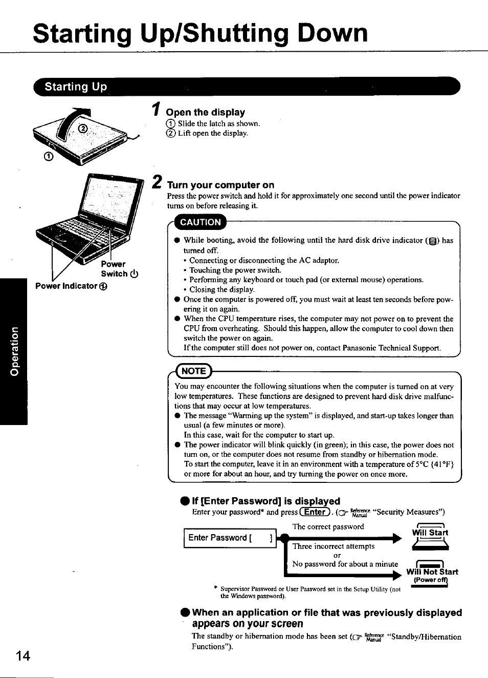 Starting up/shutting down, Starting up, Open the display | Turn your computer on, If [enter password] is displayed, Will not start, Appears on your screen | Panasonic CF-48 Series User Manual | Page 14 / 40