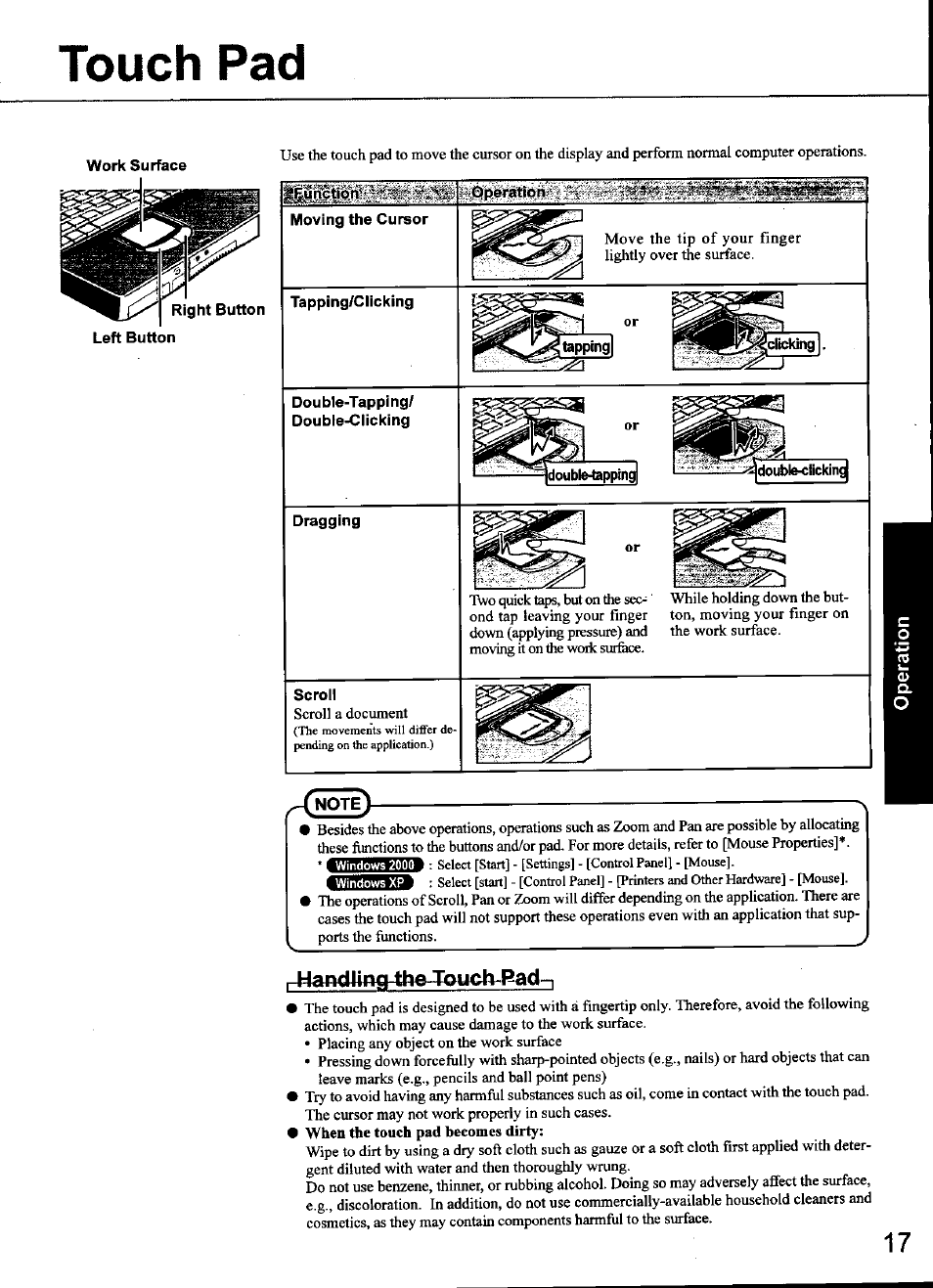 Touch pad, Left button, Moving the cursor | Tapping/ciicking, Double-tapping, Double-clicking, Dragging, Scroll, R44andhng-the4auch-pad-i | Panasonic CF-48 Series User Manual | Page 17 / 40