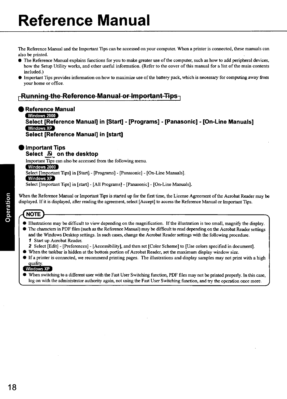 Reference manual, Rrjtfwm§4he-r^fer^fiee-maritfal-ef4mportant-t^s-i, Important tips | Select on the desktop | Panasonic CF-48 Series User Manual | Page 18 / 40