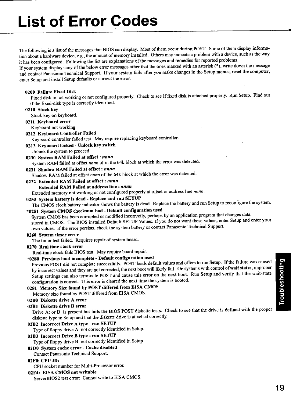 List of error codes | Panasonic CF-48 Series User Manual | Page 19 / 40