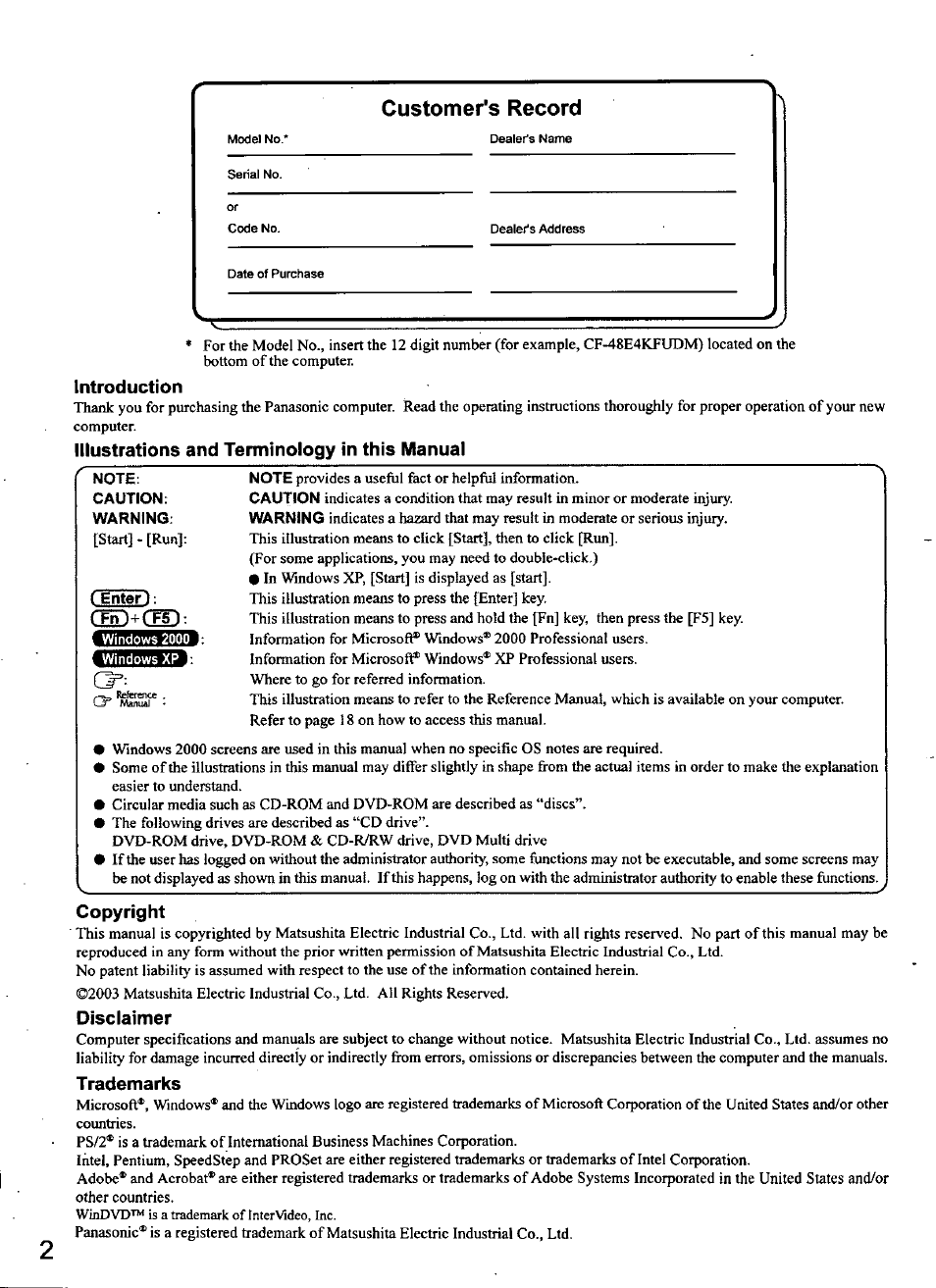 Introduction, Illustrations and terminology in this manual, Note | Caution, Warning, Enter, Copyright, Disclaimer, Trademarks, Customer's record | Panasonic CF-48 Series User Manual | Page 2 / 40