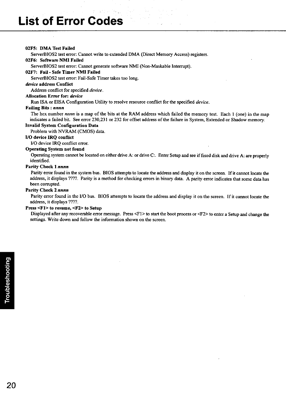 List of error codes | Panasonic CF-48 Series User Manual | Page 20 / 40