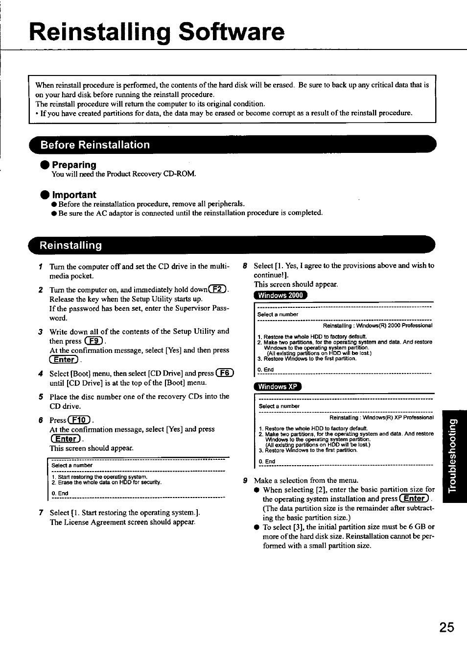 Reinstalling software, Before reinstallation, I preparing | Important, Reinstalling, C enterj | Panasonic CF-48 Series User Manual | Page 25 / 40