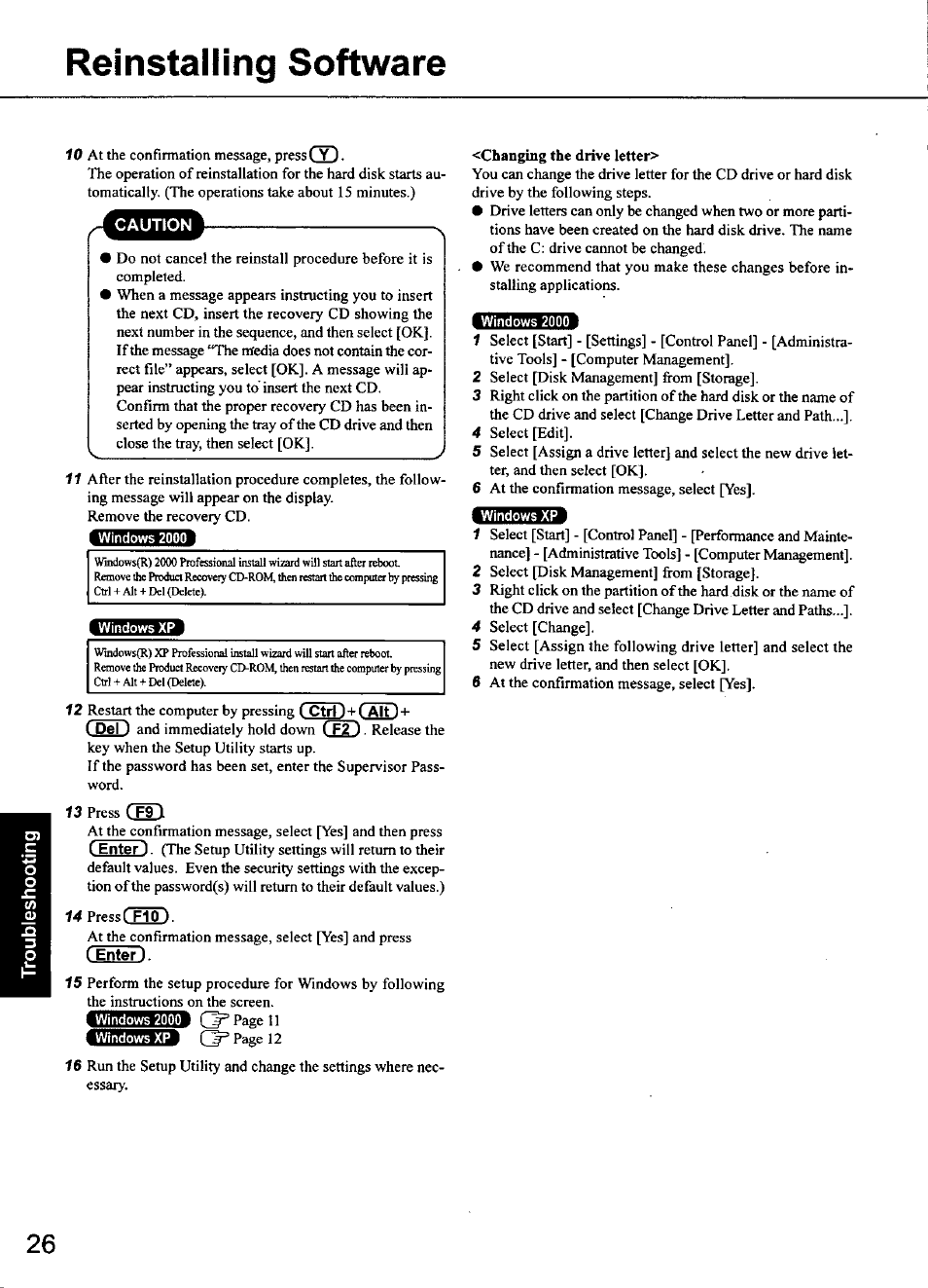 Reinstalling software, Center), G^pageii | Ctrl)+(alt 1, C enter, F10 ) | Panasonic CF-48 Series User Manual | Page 26 / 40