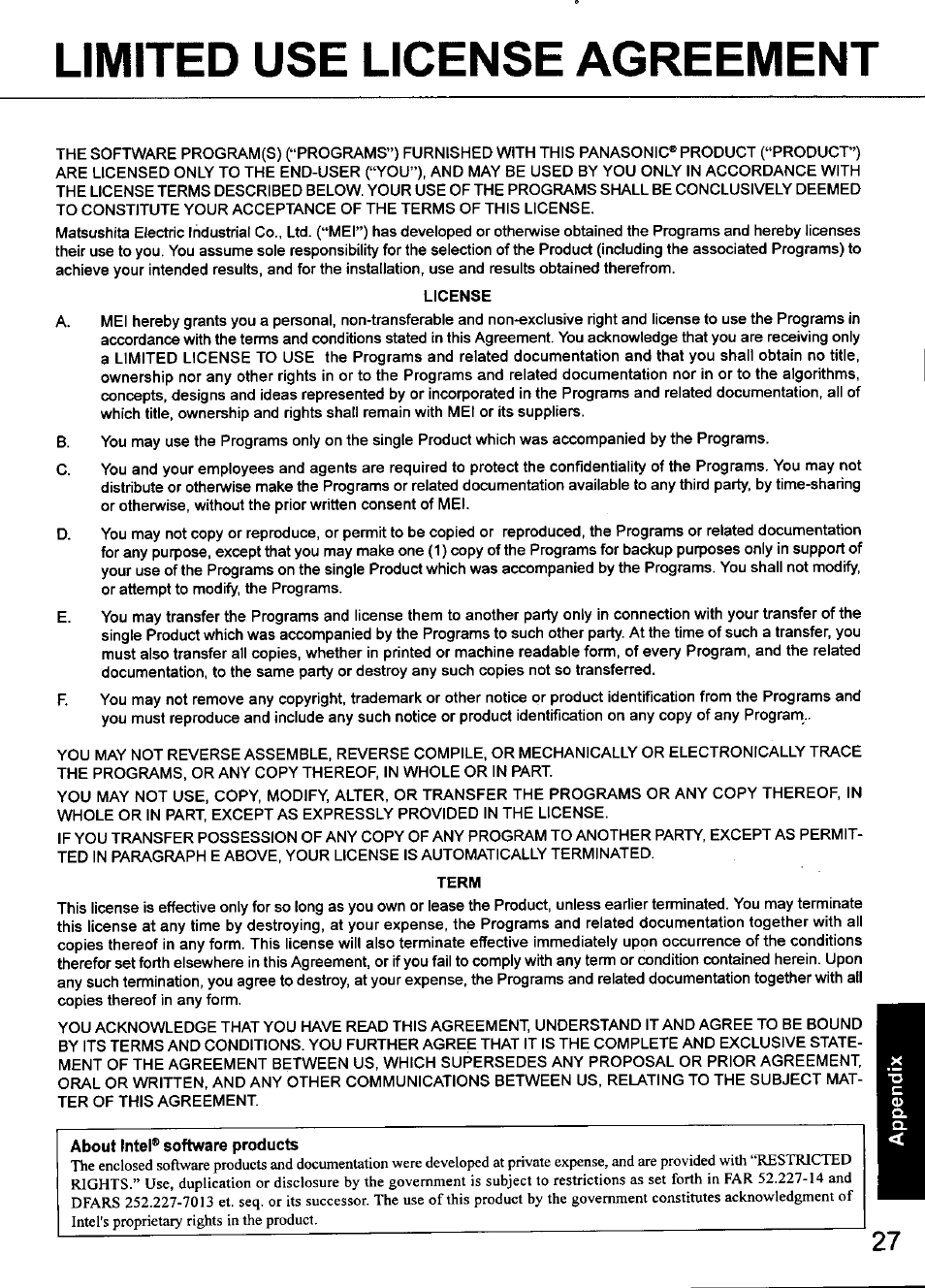 Limited use license agreement | Panasonic CF-48 Series User Manual | Page 27 / 40
