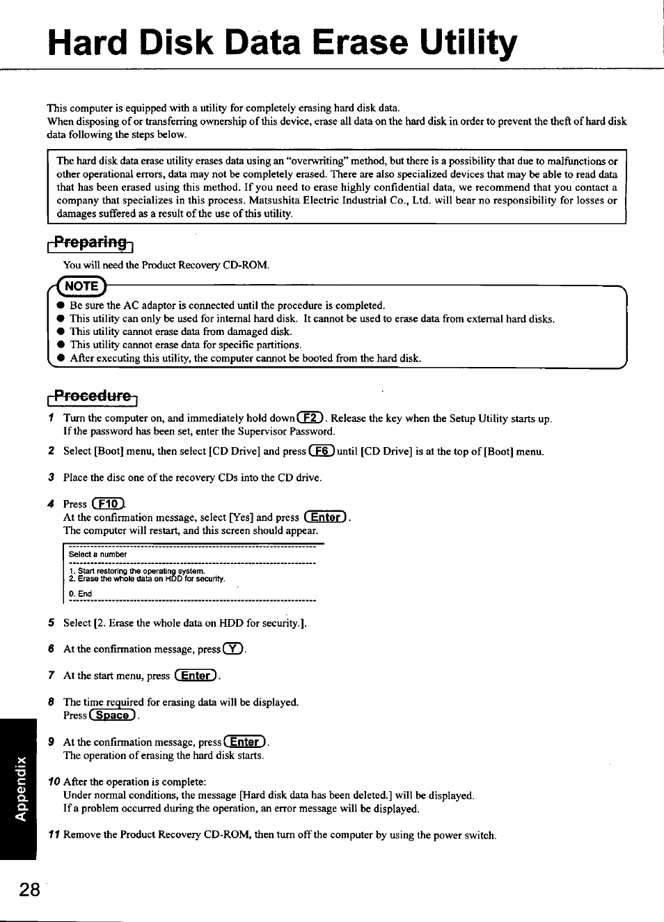 Hard disk data erase utility, Preparing, N0te) | Panasonic CF-48 Series User Manual | Page 28 / 40