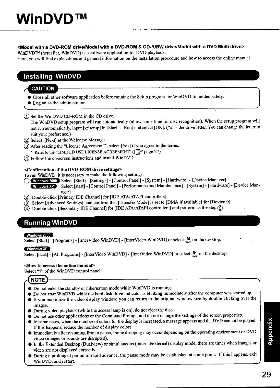 Windvd, Installing windvd, Running windvd | Win dvd^w | Panasonic CF-48 Series User Manual | Page 29 / 40