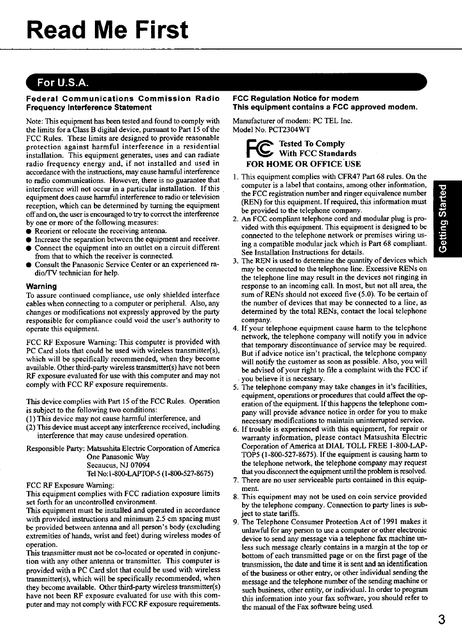 Read me first, For u.s.a, Warning | Fcc regulation notice for modem, This equipment contains a fcc approved modem | Panasonic CF-48 Series User Manual | Page 3 / 40