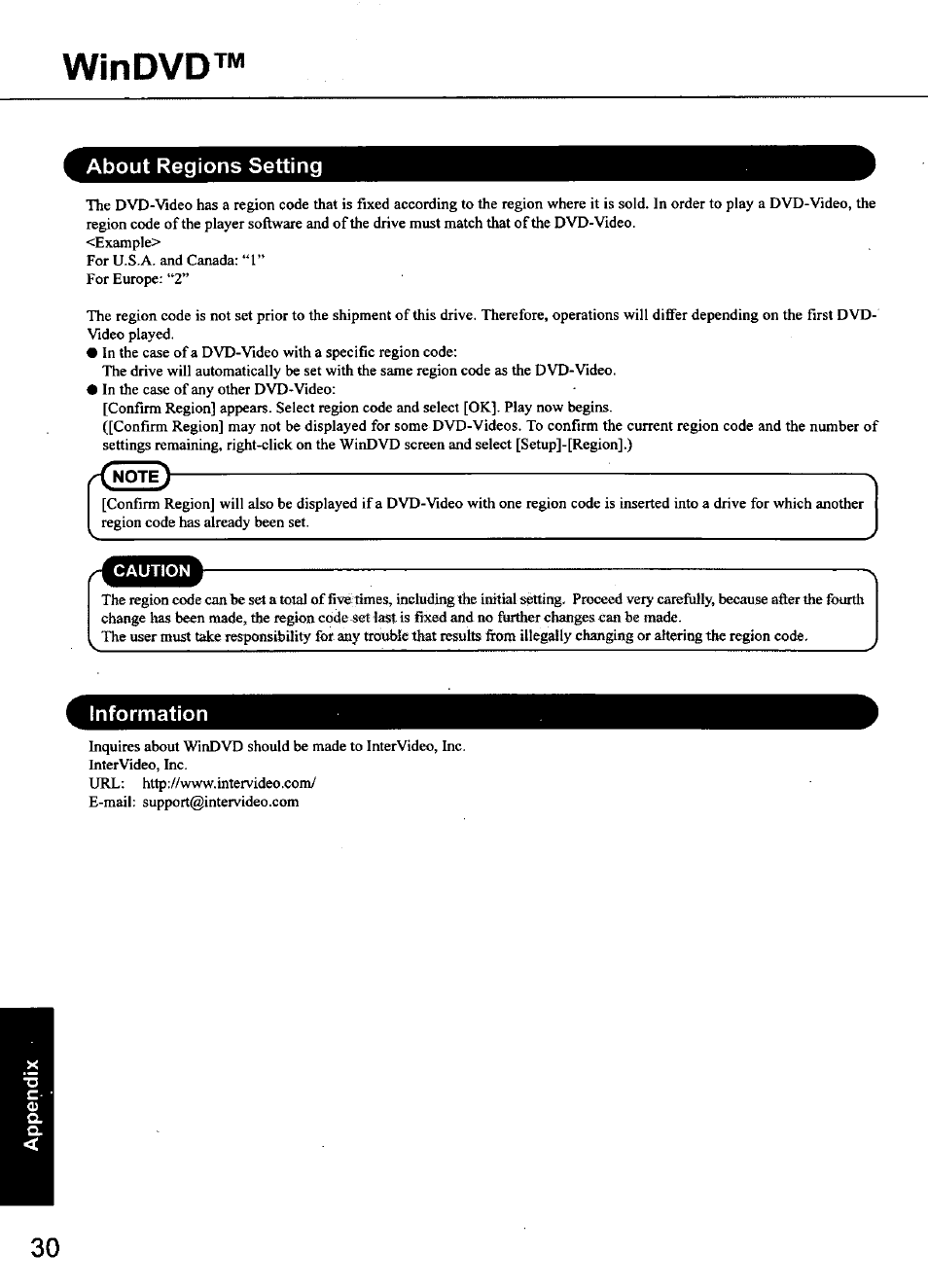 Windvd, About regions setting, Information | Panasonic CF-48 Series User Manual | Page 30 / 40