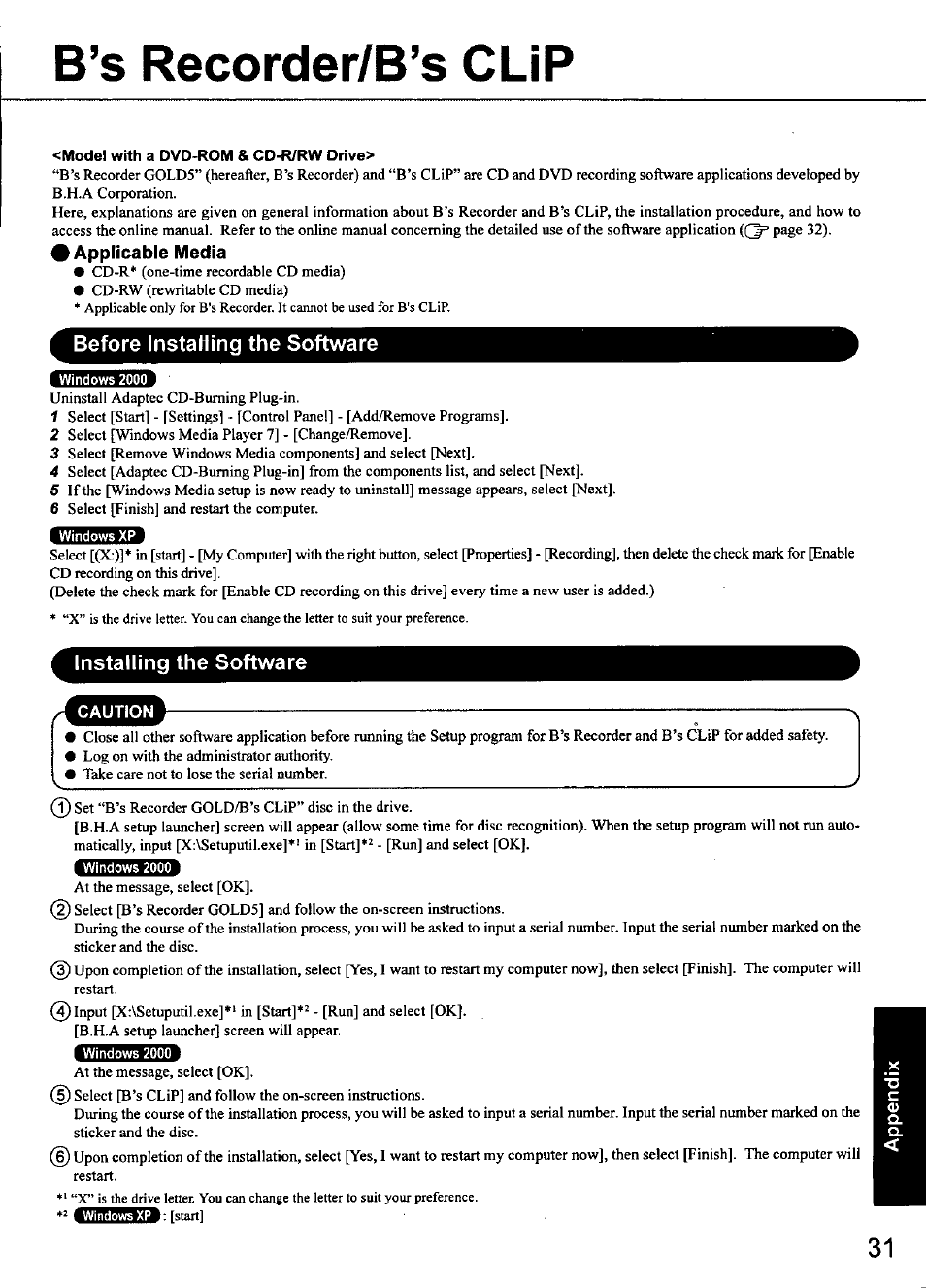 B’s recorder/b’s clip, Model with a dvd-rom & cd-r/rw drive, Before instahing the software | Installing the software, B's recorder/b's clip, Applicable media | Panasonic CF-48 Series User Manual | Page 31 / 40