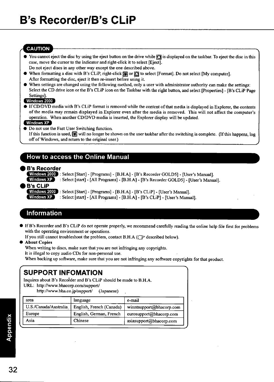 B’s recorder/b’s clip, Cnsski, How to access the online manual | B’s recorder, B’s clip, Information, Support infomation | Panasonic CF-48 Series User Manual | Page 32 / 40