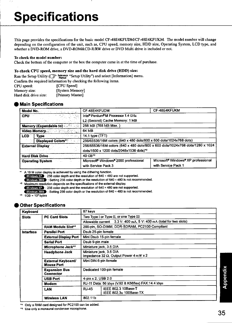 Specifications, Main specifications, Other specifications | Panasonic CF-48 Series User Manual | Page 35 / 40