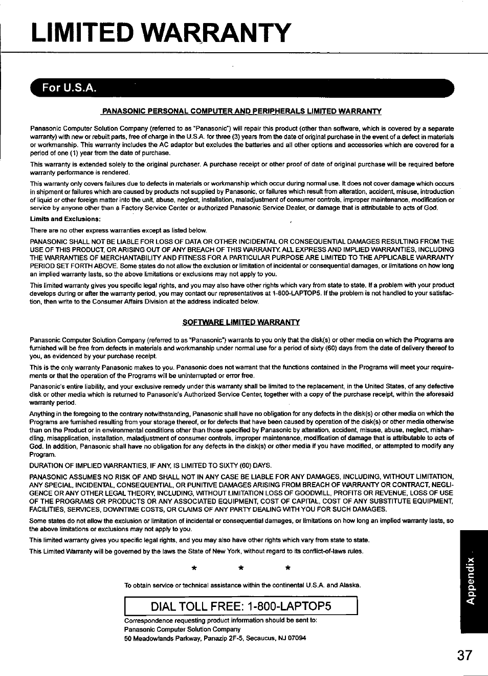 Limited warranty, For u.s.a | Panasonic CF-48 Series User Manual | Page 37 / 40