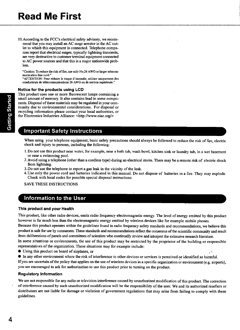 Read me first, Notice for the products using lcd, Important safety instructions | Information to the user, This product and your health, Regulatory information | Panasonic CF-48 Series User Manual | Page 4 / 40