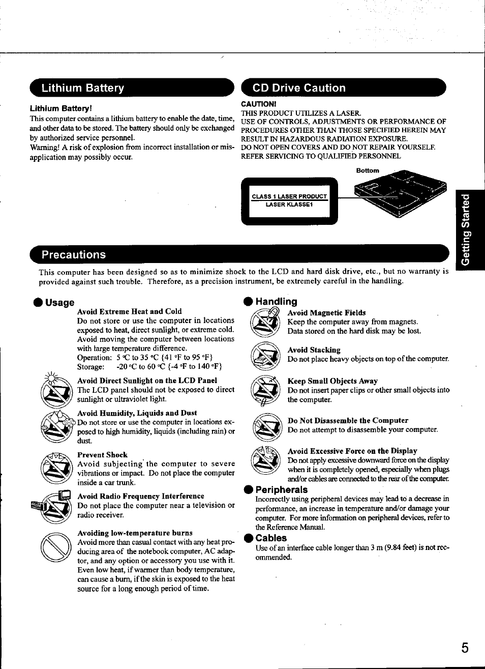 Precautions, Usage, Hanjdling | Peripherals, Cables, Lithium battery cd drive caution, Lithium battery, Caution | Panasonic CF-48 Series User Manual | Page 5 / 40