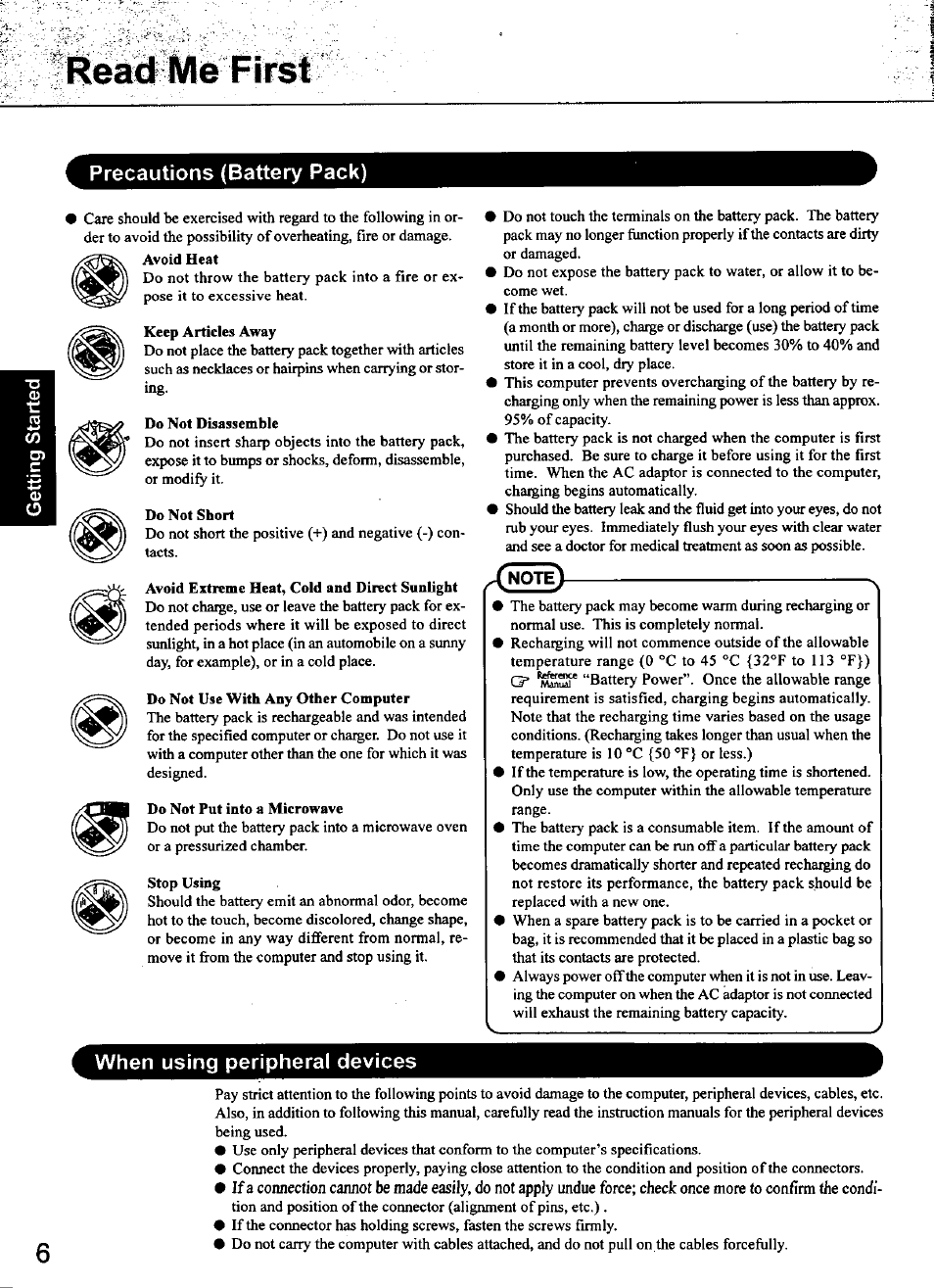 Precautions (battery pack), When using peripheral devices, Ftèâii i/lé | Panasonic CF-48 Series User Manual | Page 6 / 40