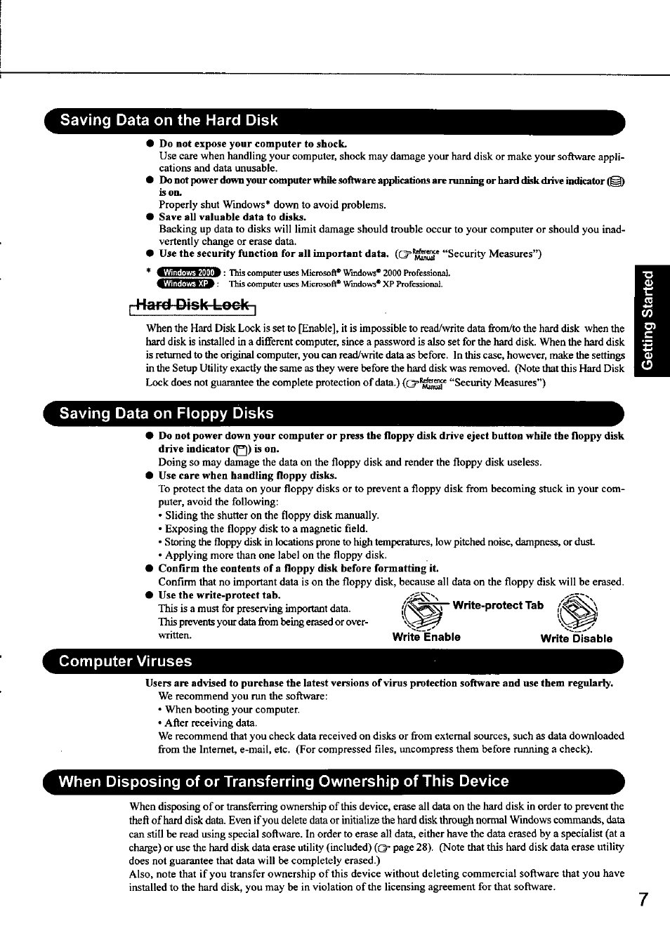 Saving data on the hard disk, Disk lock i, Saving data on floppy disks | Written. write”enable write disable, Computer viruses, Write-protect tab, Write”enable write disable | Panasonic CF-48 Series User Manual | Page 7 / 40