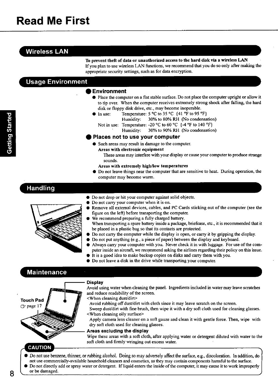 Read me first, Wireless lan, Usage environment | Handling, Maintenance, Environment, Places not to use your computer, Display, Areas excluding the display, Usage environment handling maintenance | Panasonic CF-48 Series User Manual | Page 8 / 40