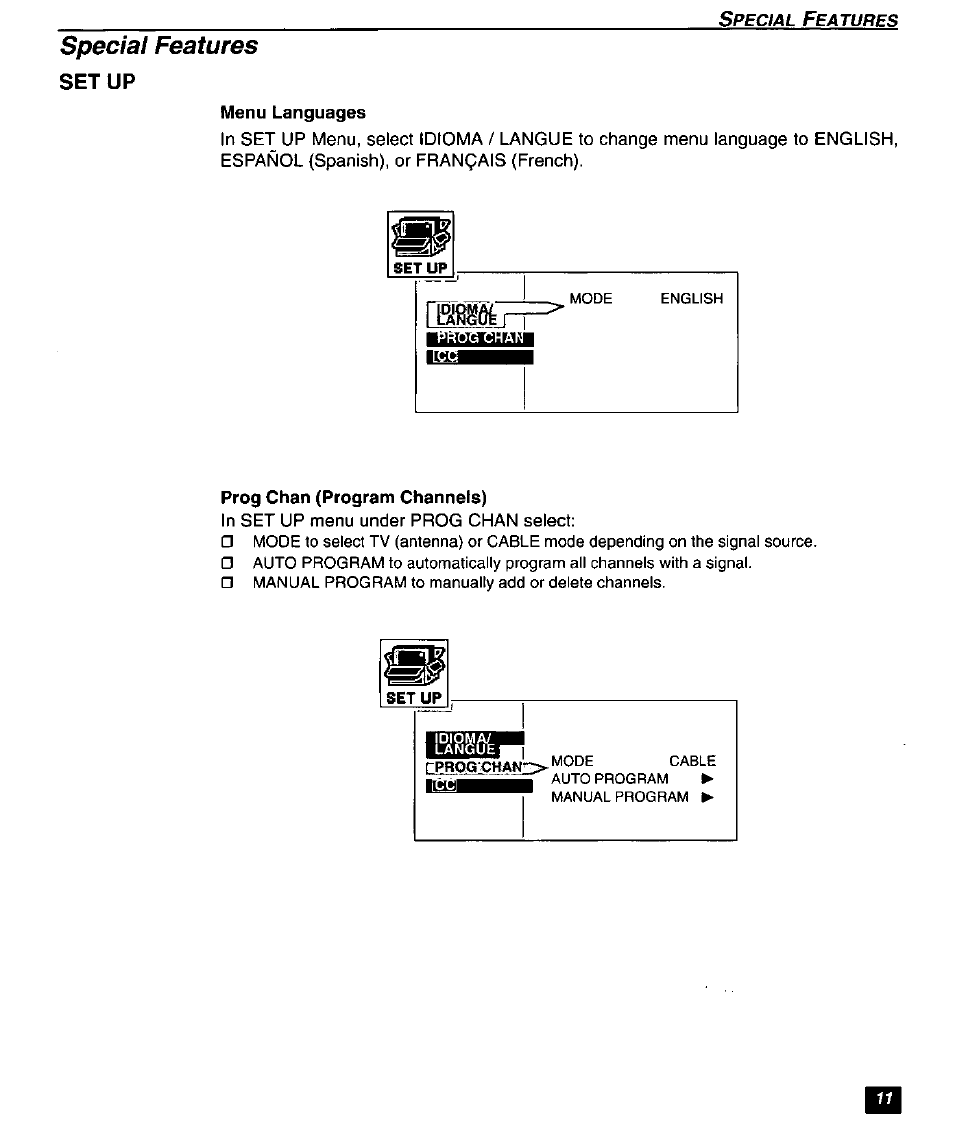 Special features, Setup | Panasonic SUPERFLAT CT-27SF26 User Manual | Page 13 / 36