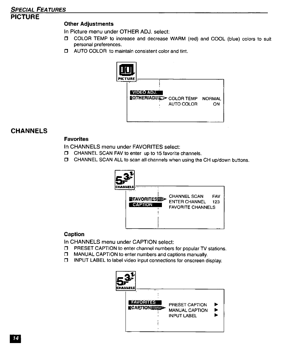 Picture, Channels, Picture channels | Panasonic SUPERFLAT CT-27SF26 User Manual | Page 16 / 36