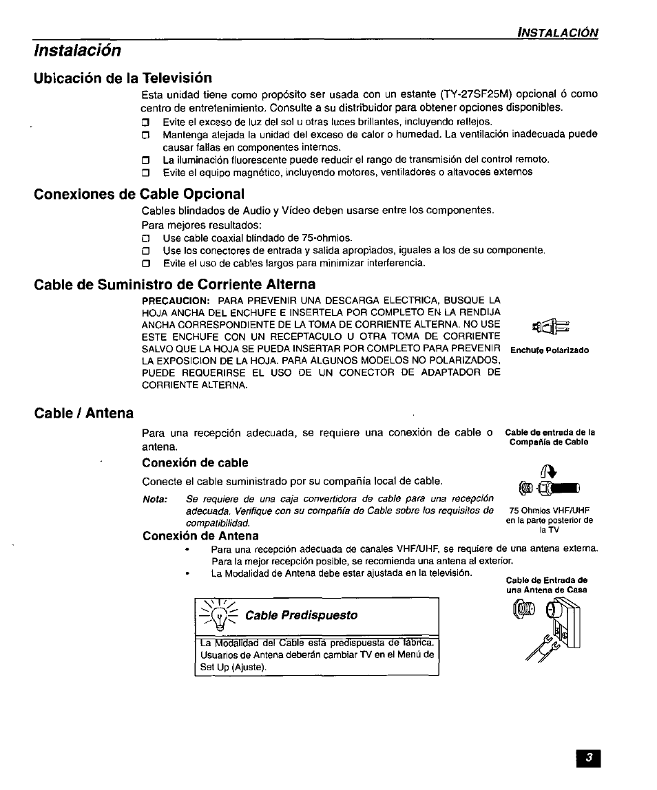 Instalación, Ubicación de la televisión, Conexiones de cable opcional | Cable de suministro de corriente alterna, Cable / antena, Cable / antenna | Panasonic SUPERFLAT CT-27SF26 User Manual | Page 23 / 36