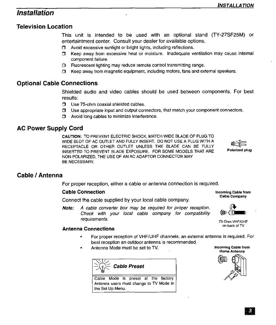 Installation, Television location, Optional cable connections | Ac power supply cord, Cable / antenna | Panasonic SUPERFLAT CT-27SF26 User Manual | Page 5 / 36