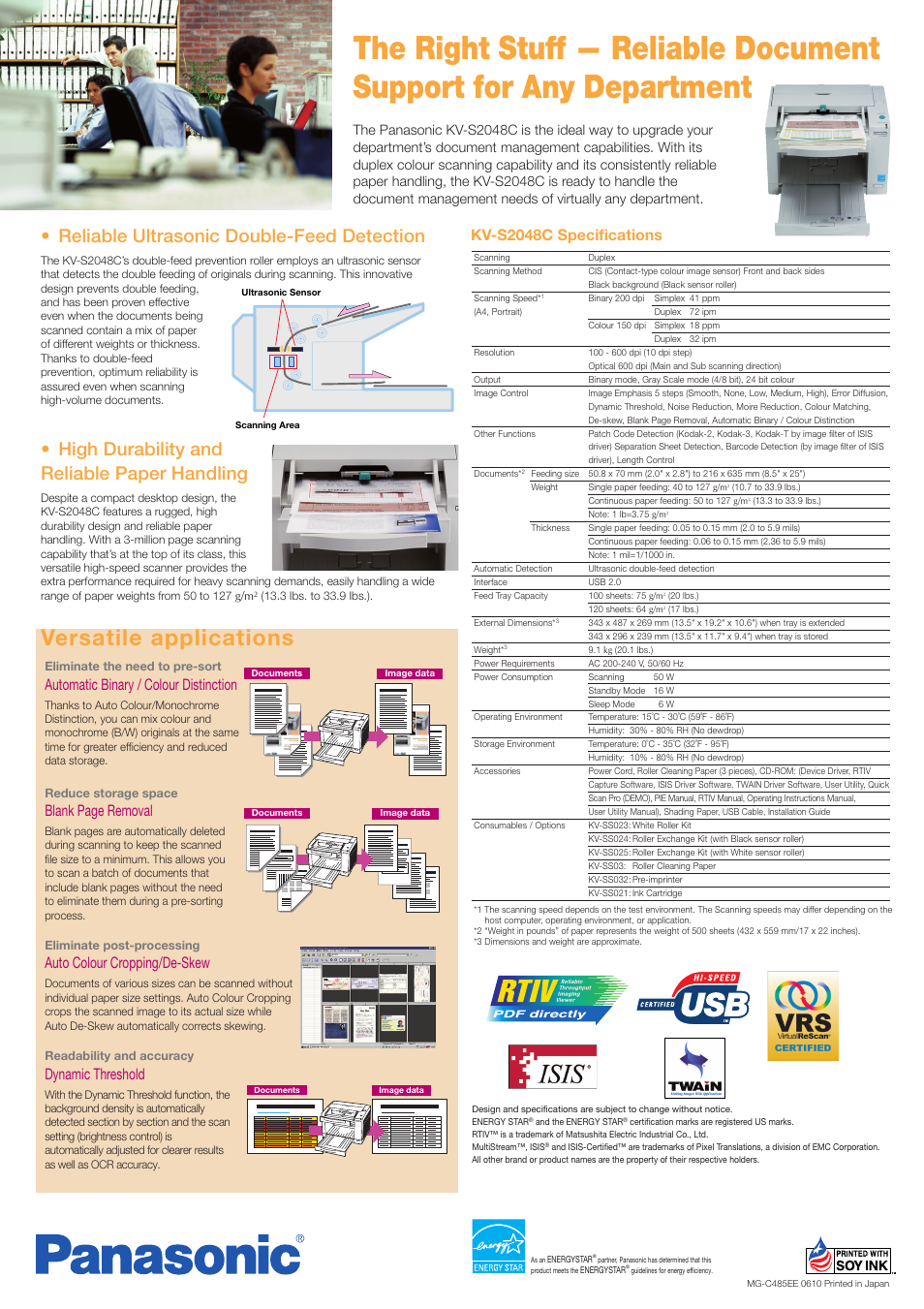 Versatile applications, High durability and reliable paper handling, Reliable ultrasonic double-feed detection | Kv-s2048c specifications, Automatic binary / colour distinction, Blank page removal, Dynamic threshold, Auto colour cropping/de-skew | Panasonic KVS2048C User Manual | Page 2 / 2
