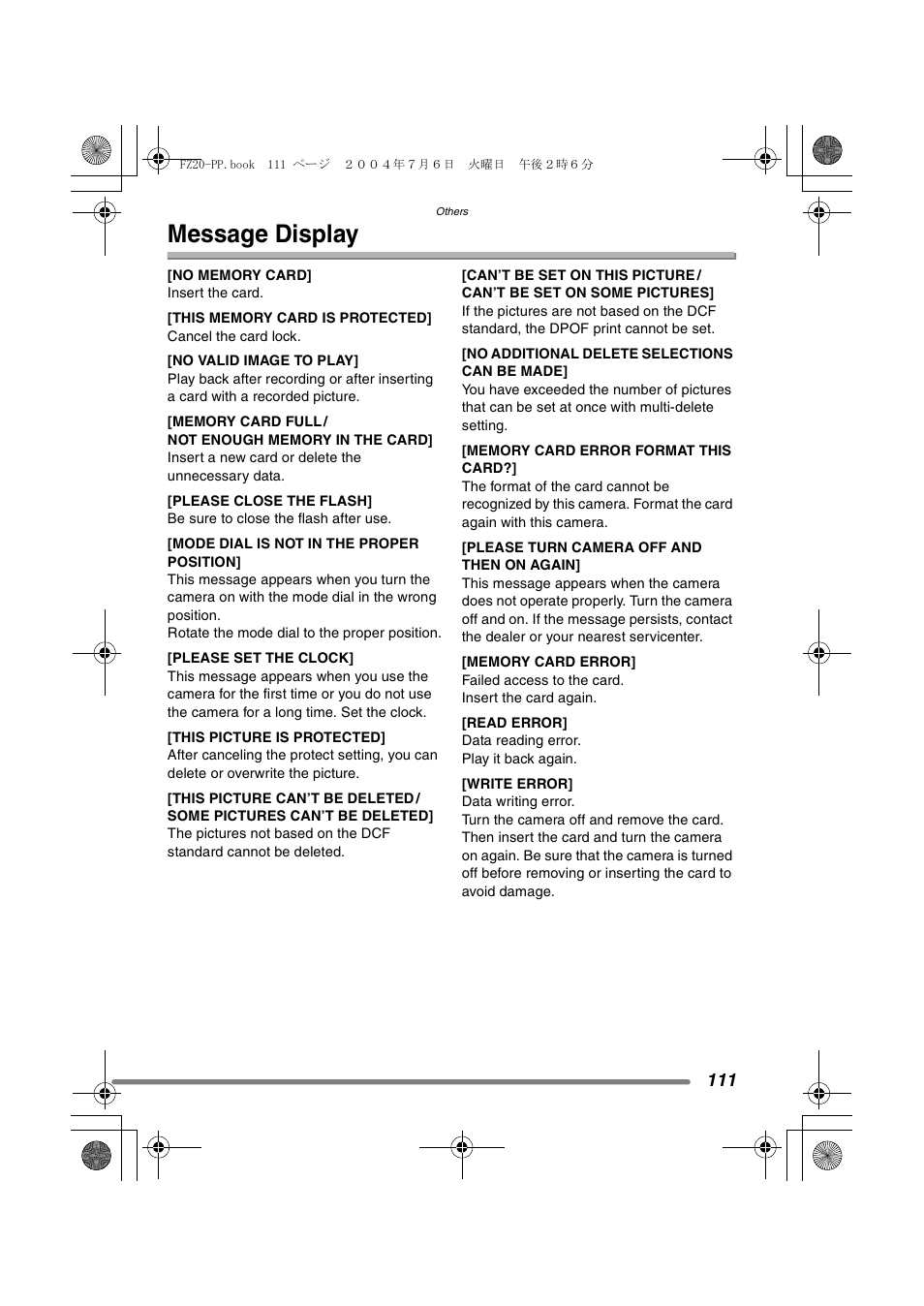 Message display | Panasonic DMC-FZ20PP User Manual | Page 111 / 128