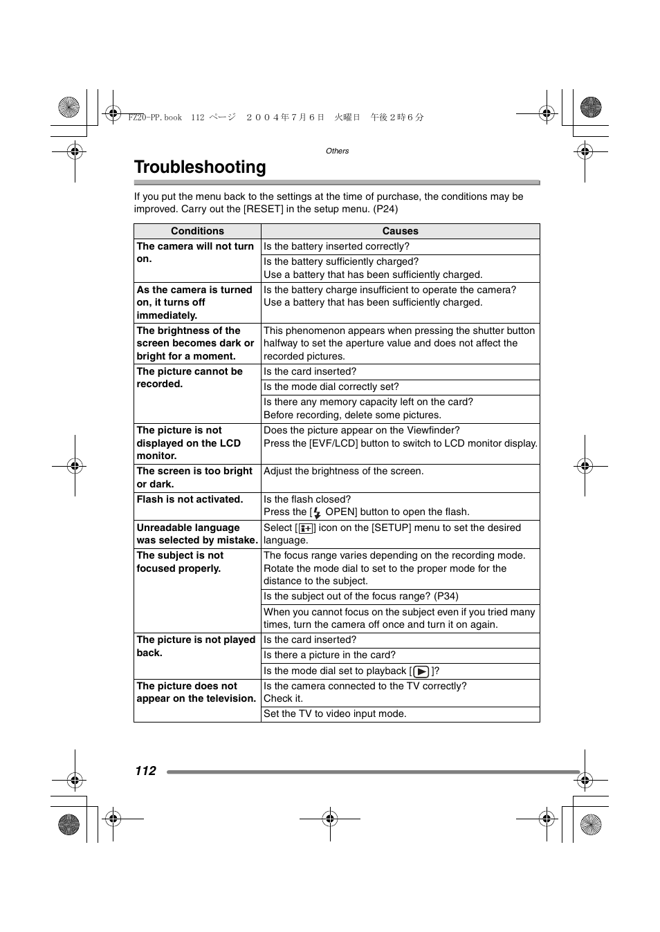 Troubleshooting | Panasonic DMC-FZ20PP User Manual | Page 112 / 128