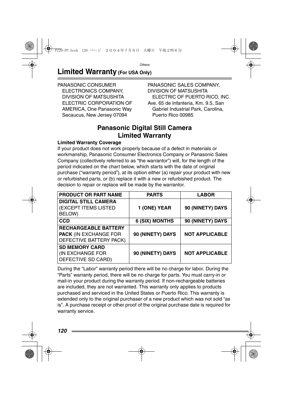 Limited warranty (for usa only), Limited warranty, Panasonic digital still camera limited warranty | Panasonic DMC-FZ20PP User Manual | Page 120 / 128