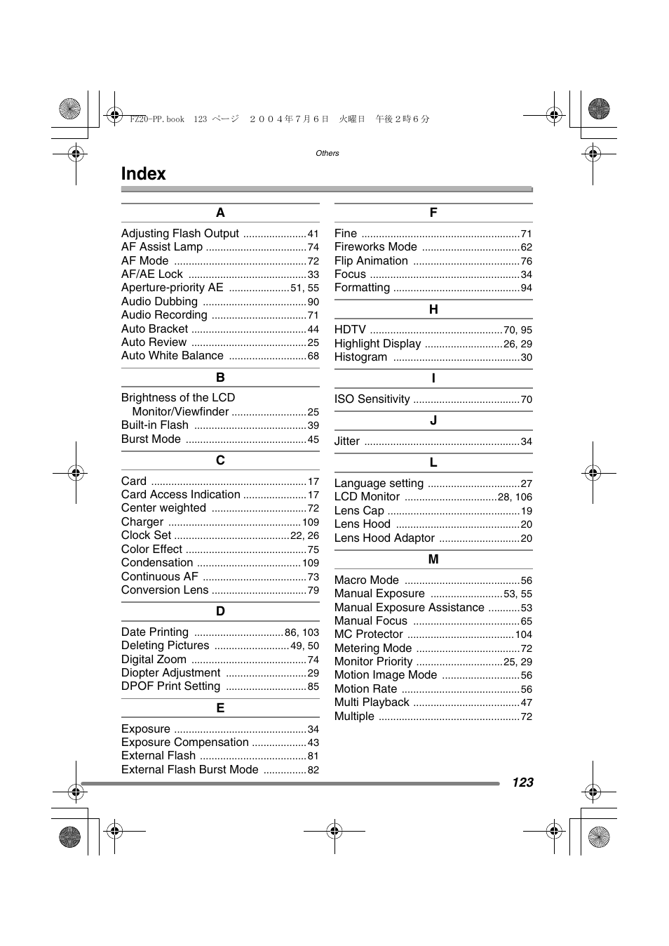 Index | Panasonic DMC-FZ20PP User Manual | Page 123 / 128